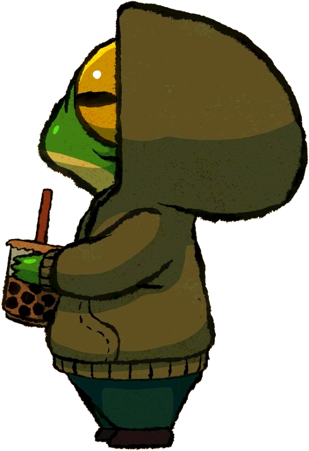 frog in a hoodie holding a drink