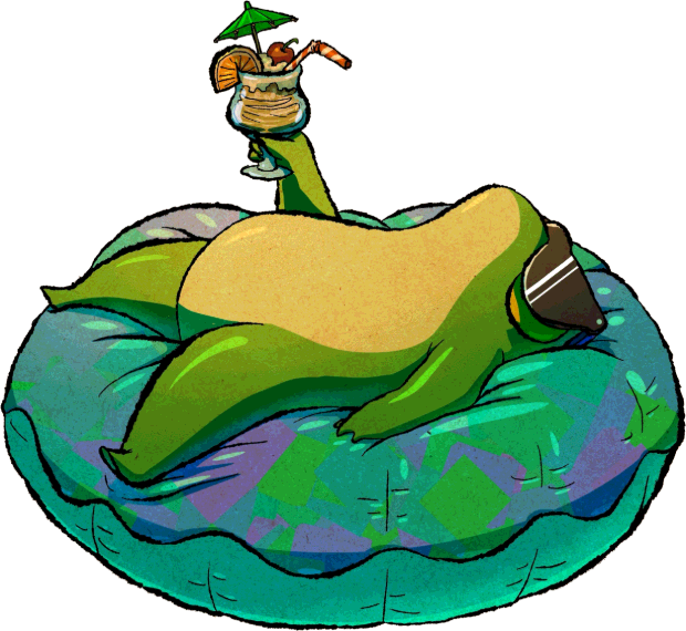 frog floating on a pool ring with a cocktail